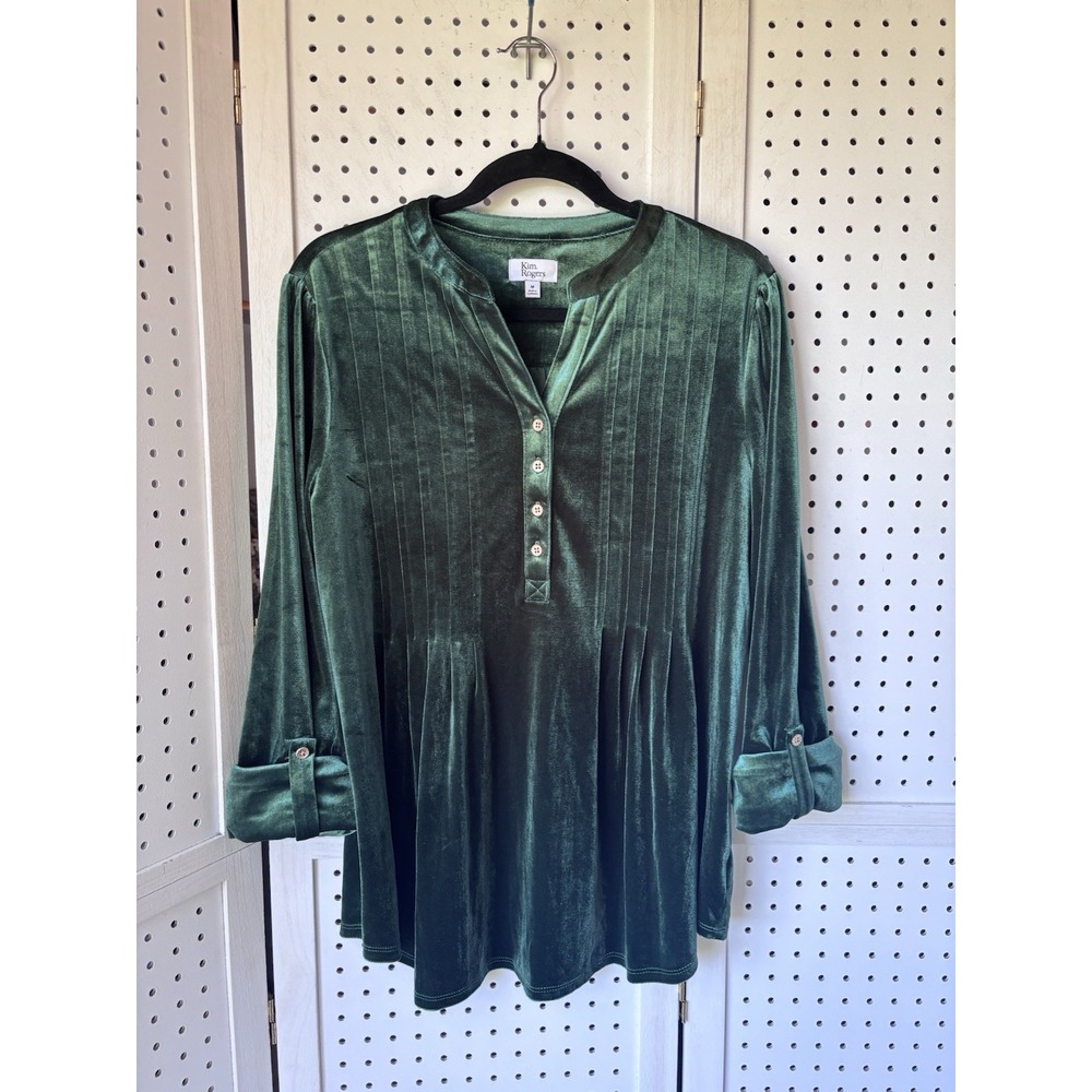 Kim Rogers Womens M Velvet Green V Neck Henley Pleated Tunic Blouse 3/4 SLV